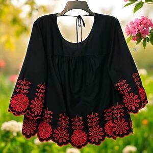 Crown & Ivy Floral Embroidered Blouse Open Back Navy Blue Pink XL